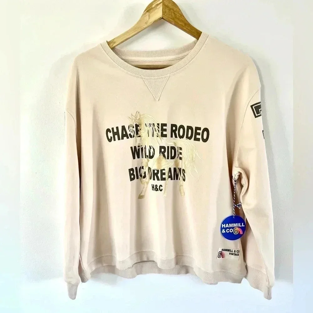 Hammill & Co Cream Rodeo Crewneck‎ Sweatshirt Size Medium, NWT